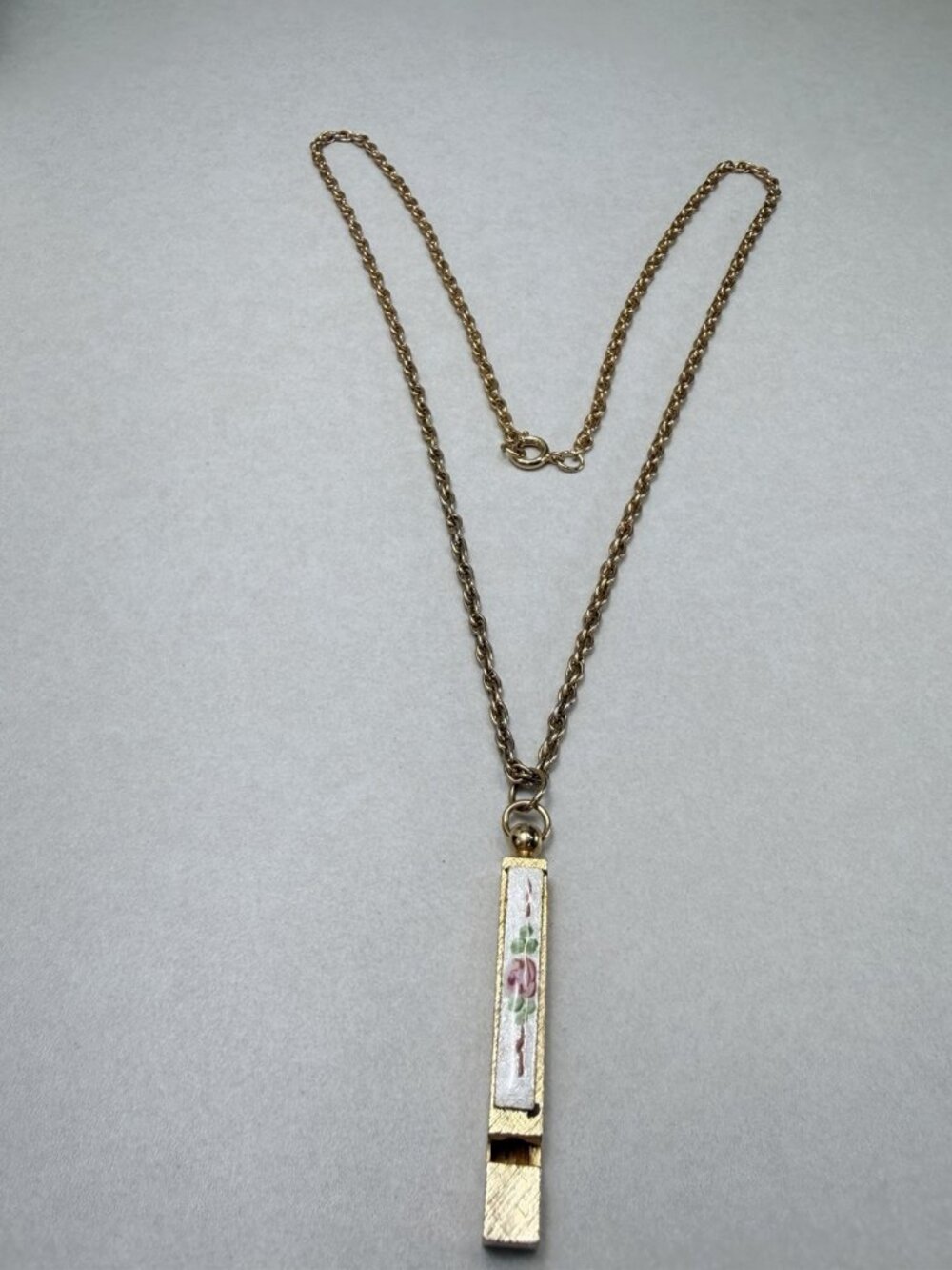 Vintage Enamel Floral Whistle Pendant Necklace Gold Tone Unique 28"